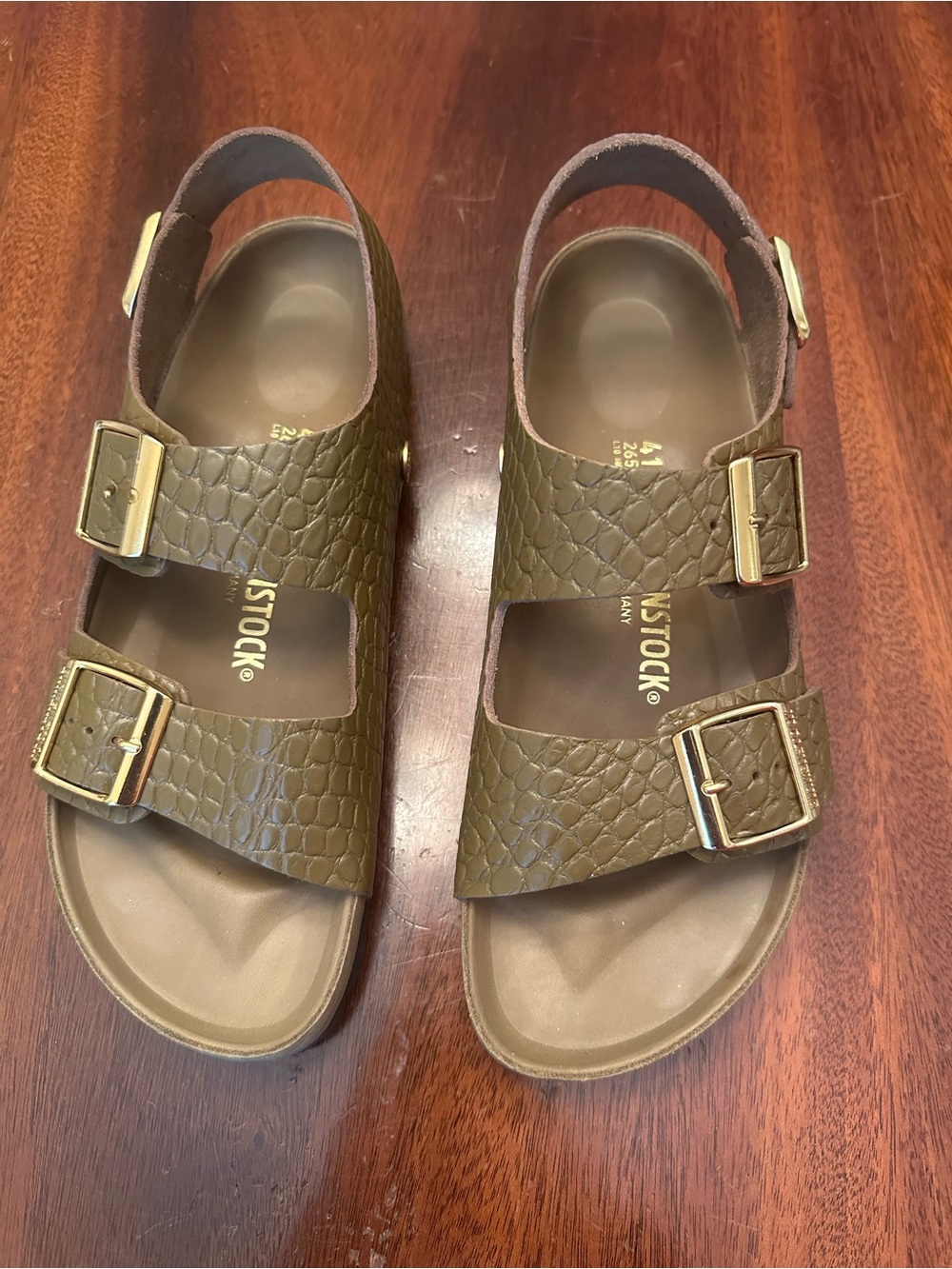 NEW Birkenstock Olive Green Croc-Textured Two-Strap Sandals with Gold Buckle